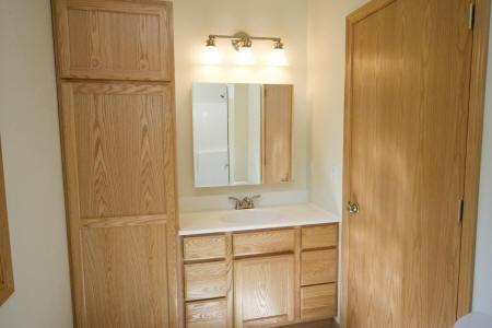 wooden cabinetry in spacious bathroom