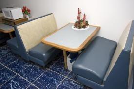 Restaurant booths and tables.